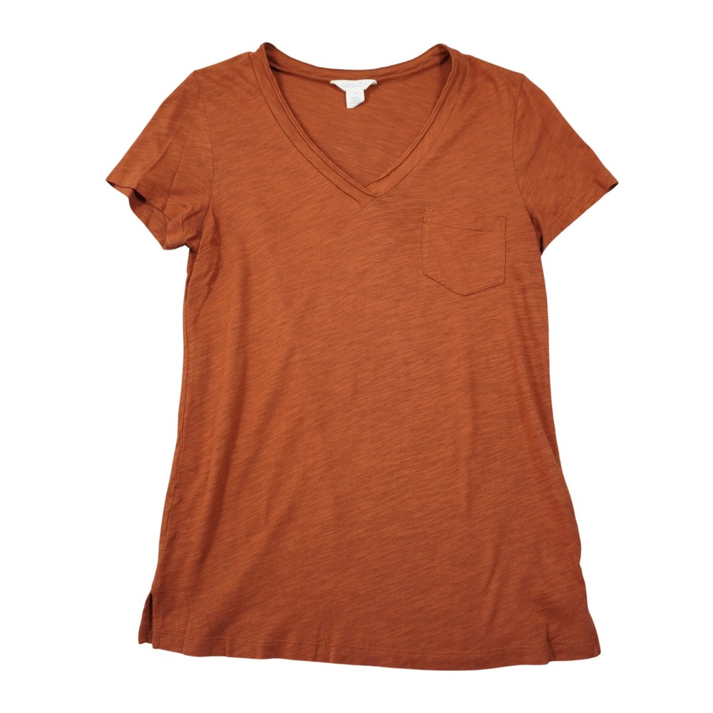Caslon V-Neck Pocket T-Shirt Burnt Orange Rust Slub Cotton Modal XS Fall Casual